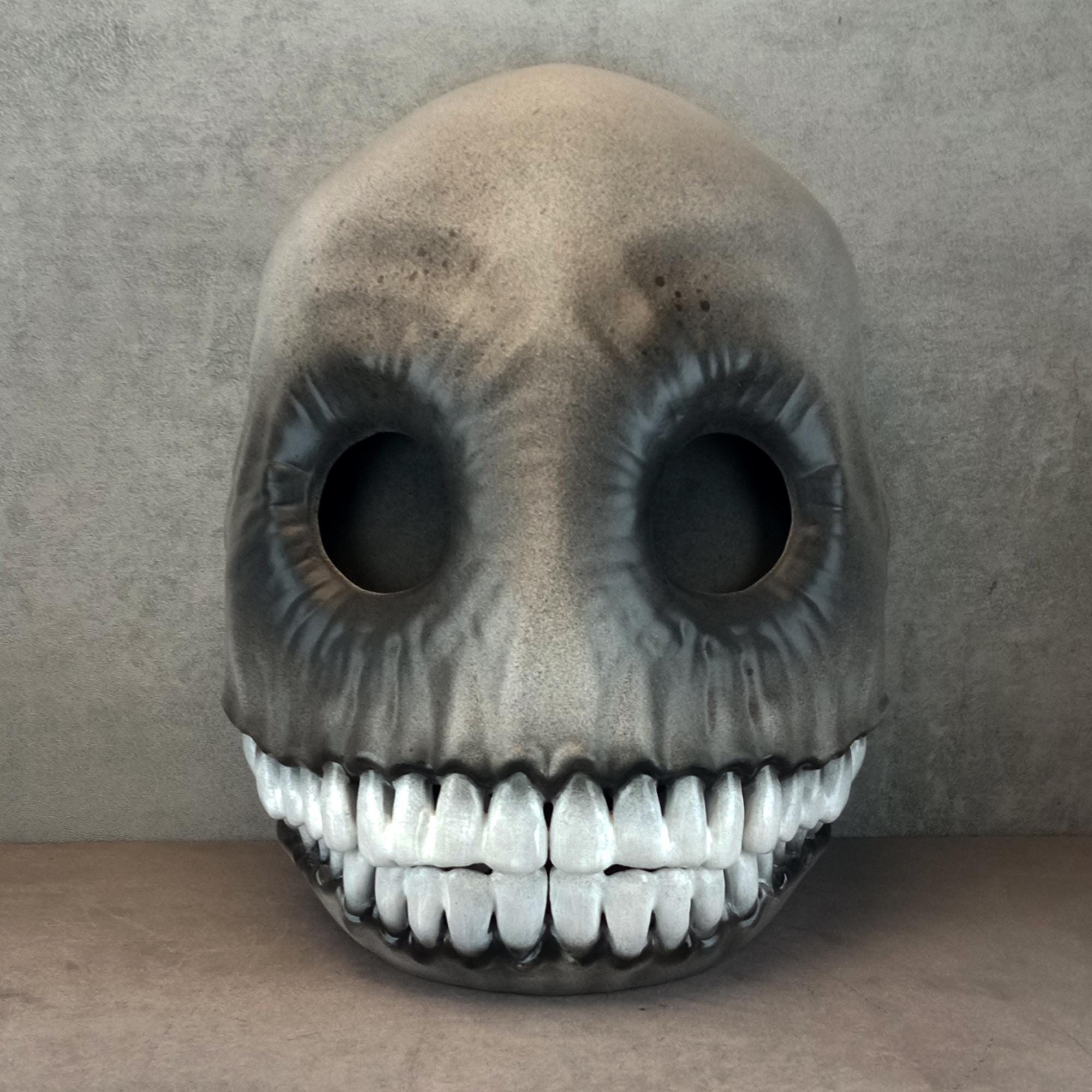 Creepy Grey and Black Smiley Face Mask with Big White-Toothed Grin – Horror Costume Accessory