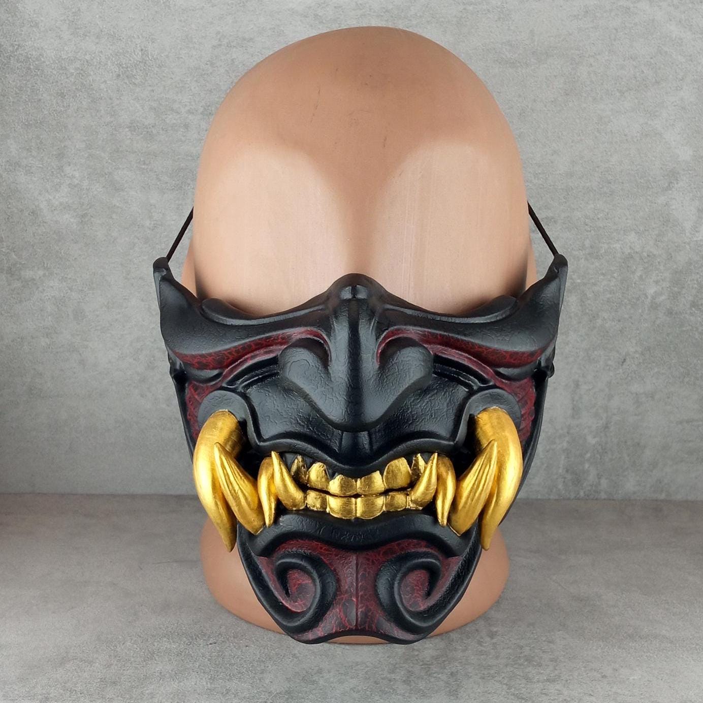 Black and Red Samurai Half Mask with Cracks and 8 Golden Fangs – Wearable Cosplay &amp; Festival Accessory