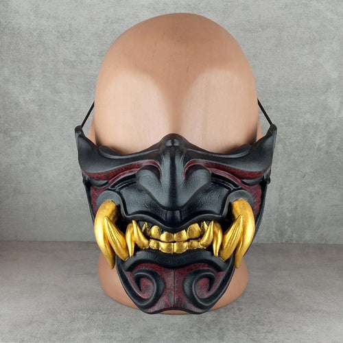 Black and Red Samurai Half Mask with Cracks and 8 Golden Fangs – Wearable Cosplay &amp; Festival Accessory