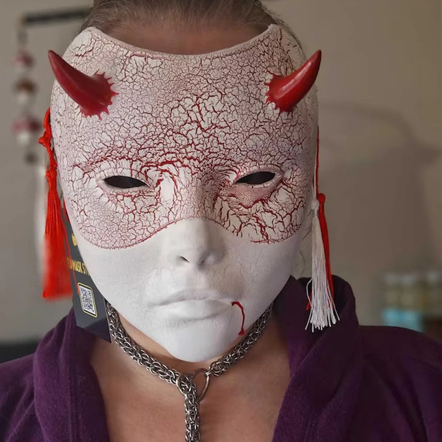White with red cracks geisha (witch) mask - blood from the mouth