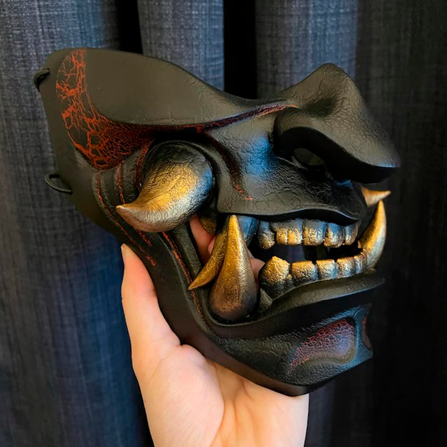 Samurai-Maske mit goldenen Rissen, Traditionelle japanische Hannya-Maske, Tragbare Maske, Kabuki-Dämonenmaske, Oni-Maske, Wanddekoration
