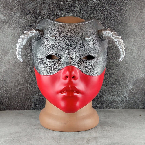 Red and Silver Geisha Witch Mask with Silver Horns