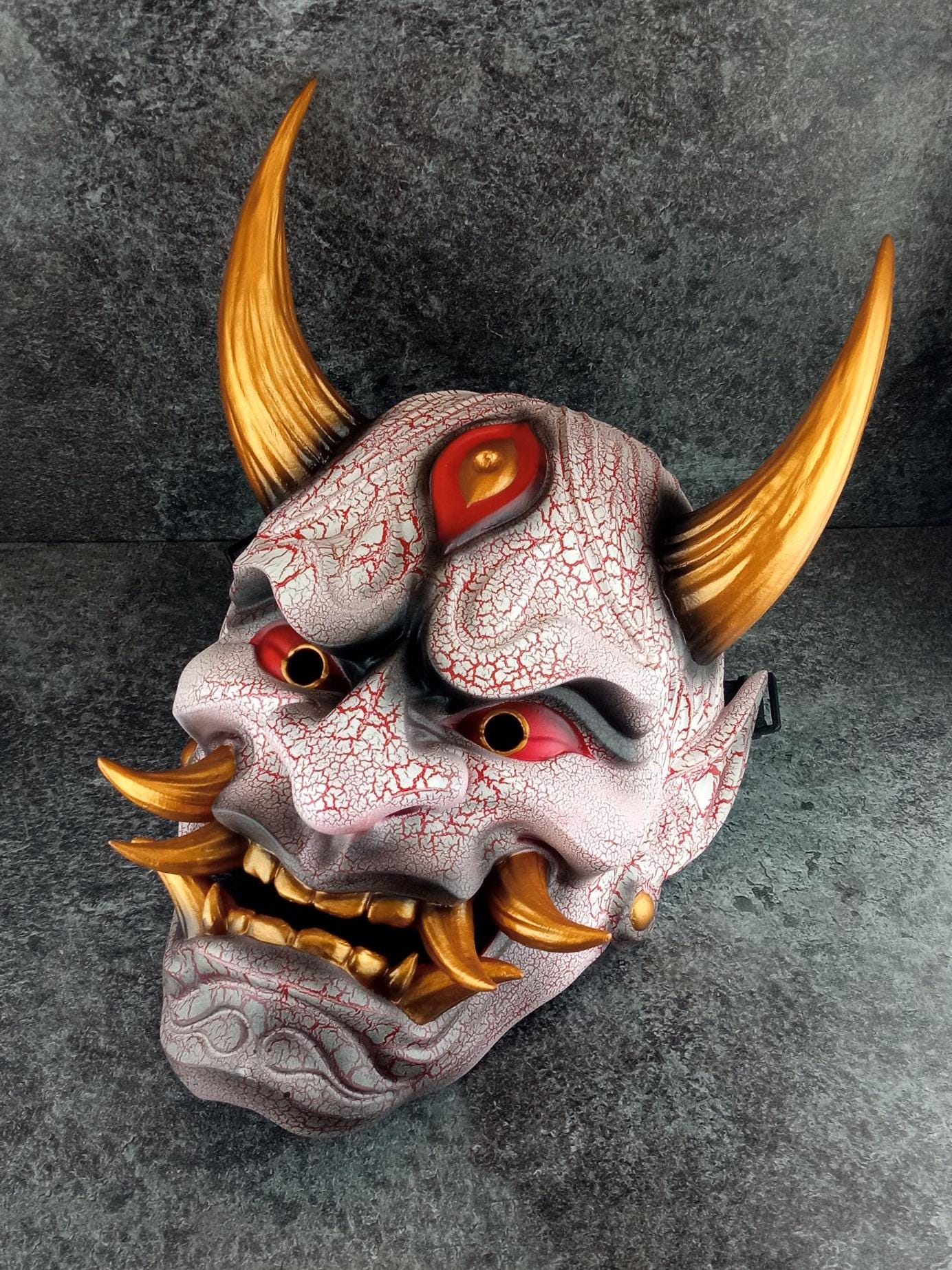 Traditional Japanese Hannya Mask – Red &amp; White Cracked Demon Vampire Style