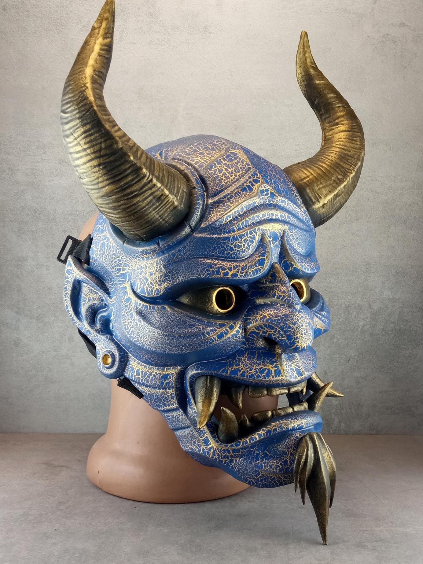 Hannya Mask "River Demon" – Blue with Gold Cracks, Curved Horns & Beard