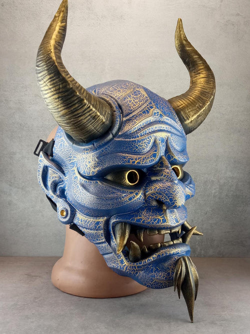 Hannya Mask "River Demon" – Blue with Gold Cracks, Curved Horns & Beard