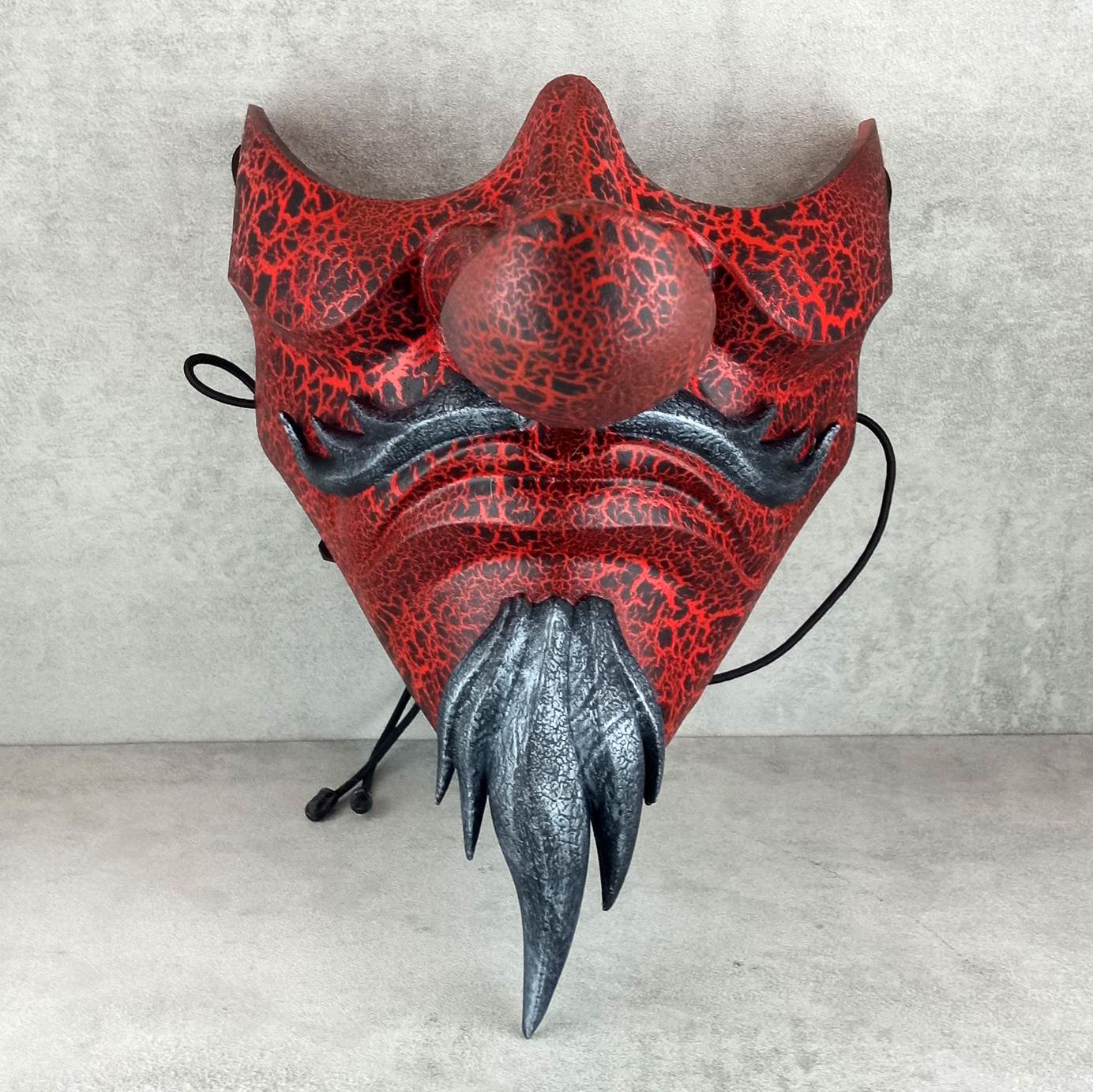 Traditional Japanese Tengu Half Mask – Red with Cracks, Silver Beard &amp; Mustache