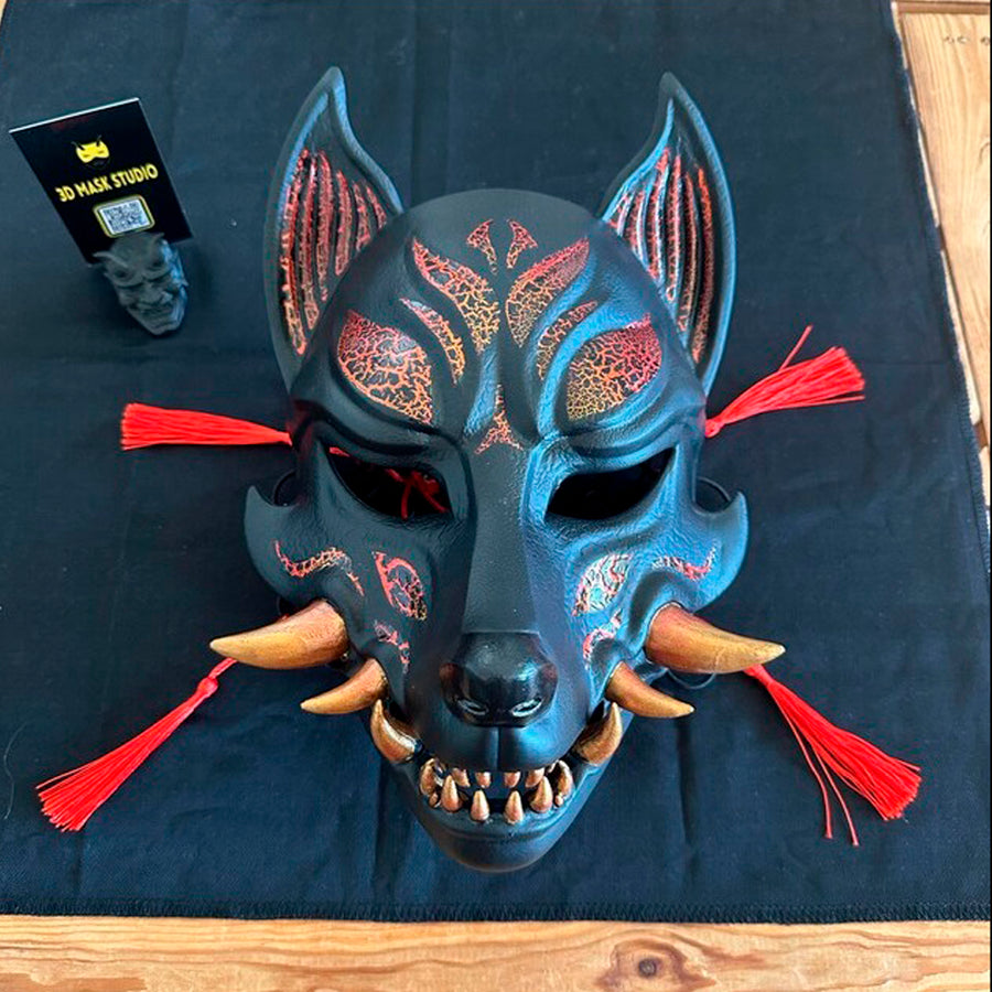 Schwarze Okami-Maske, Schwarze Kitsune-Maske, Traditionelle japanische Maske, Youkai-Maske, Wolfsmaske, Fuchsmaske