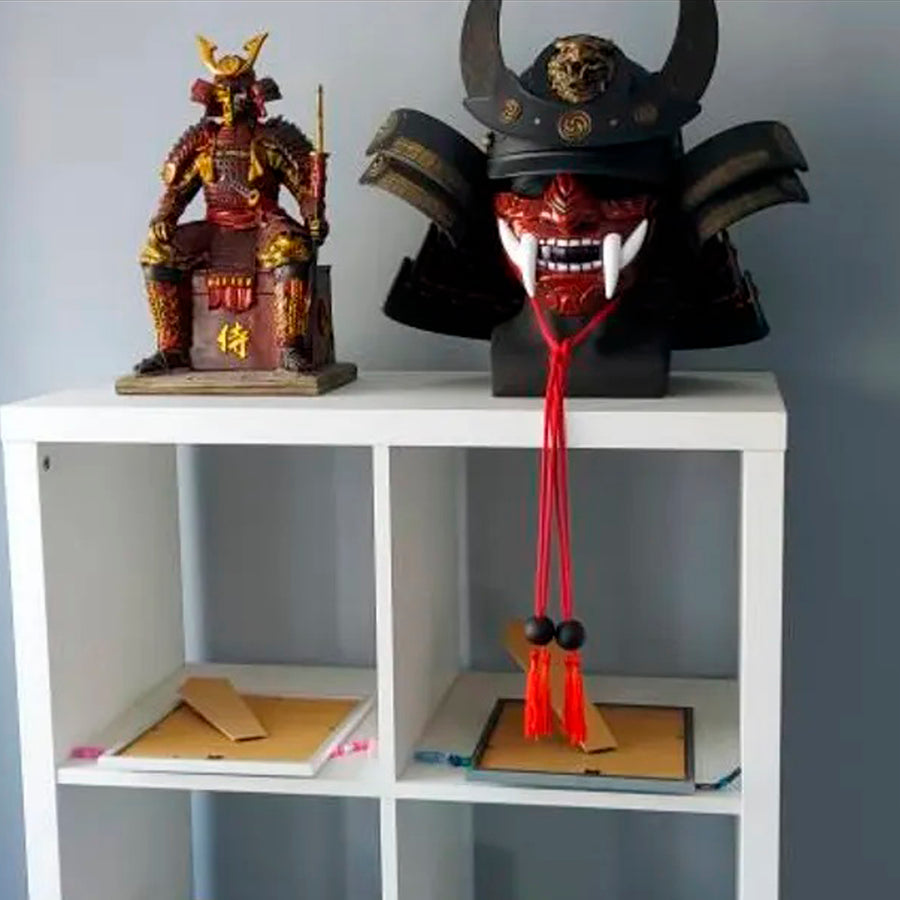3D Samurai Skull Wall Art – Black Octagonal Frame with Red Splashes – Kabuto Helmet with Crescent Moon & Bronze Oni Tiger Head"