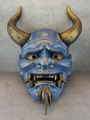 Hannya Mask "River Demon" – Blue with Gold Cracks, Curved Horns & Beard