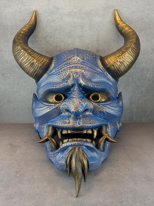 Hannya Mask "River Demon" – Blue with Gold Cracks, Curved Horns & Beard