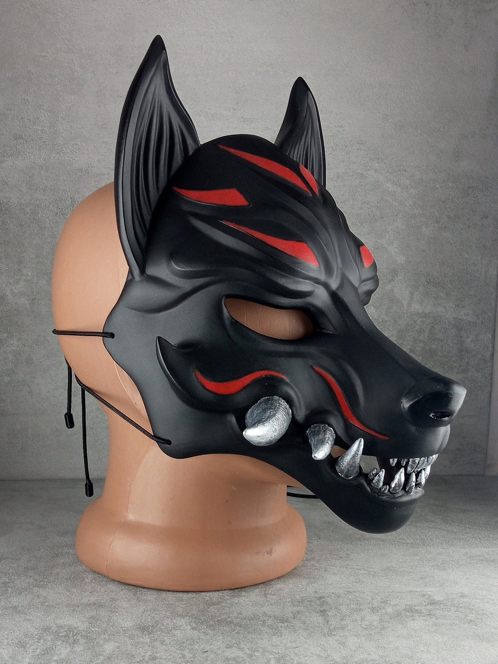 Traditional Japanese Kitsune (Okami) Wearable Mask – Black with Red Design