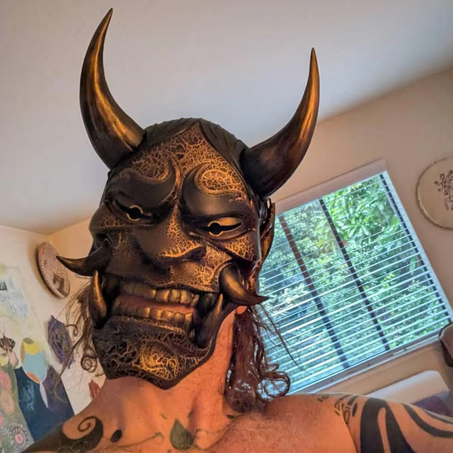 Black and Gold Cracked Traditional Hannya Mask with Large Black Eyebrows