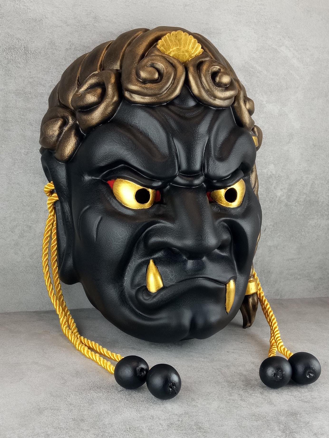 Wearable Traditional Japanese Fudo Demon Mask – Black with Gold Fangs