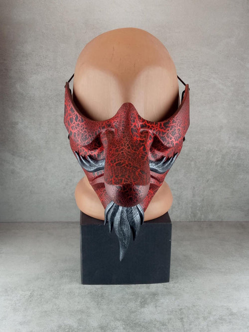 Traditional Japanese Tengu Half Mask – Red with Cracks, Silver Beard &amp; Mustache
