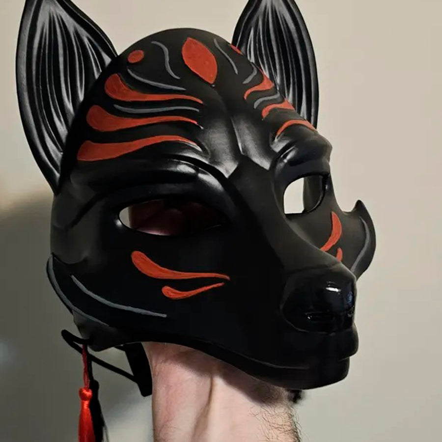Schwarze Okami-Maske, Schwarze Kitsune-Maske, Traditionelle japanische Maske, Youkai-Maske, Wolfsmaske, Fuchsmaske