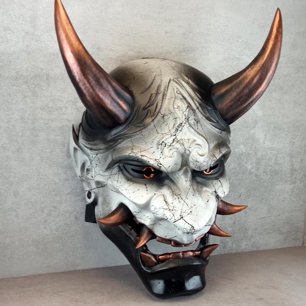 Hannya Demon Mask 'Copper Mountain Spirit' – Gray with Black Marble Veins, Glossy Black Chin, Copper Horns & Fangs