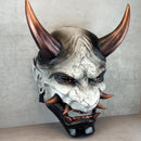 Hannya Demon Mask 'Copper Mountain Spirit' – Gray with Black Marble Veins, Glossy Black Chin, Copper Horns & Fangs