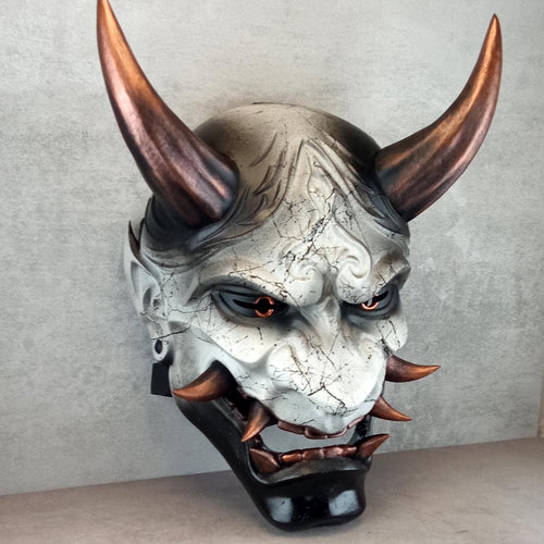 Hannya Demon Mask 'Copper Mountain Spirit' – Gray with Black Marble Veins, Glossy Black Chin, Copper Horns & Fangs