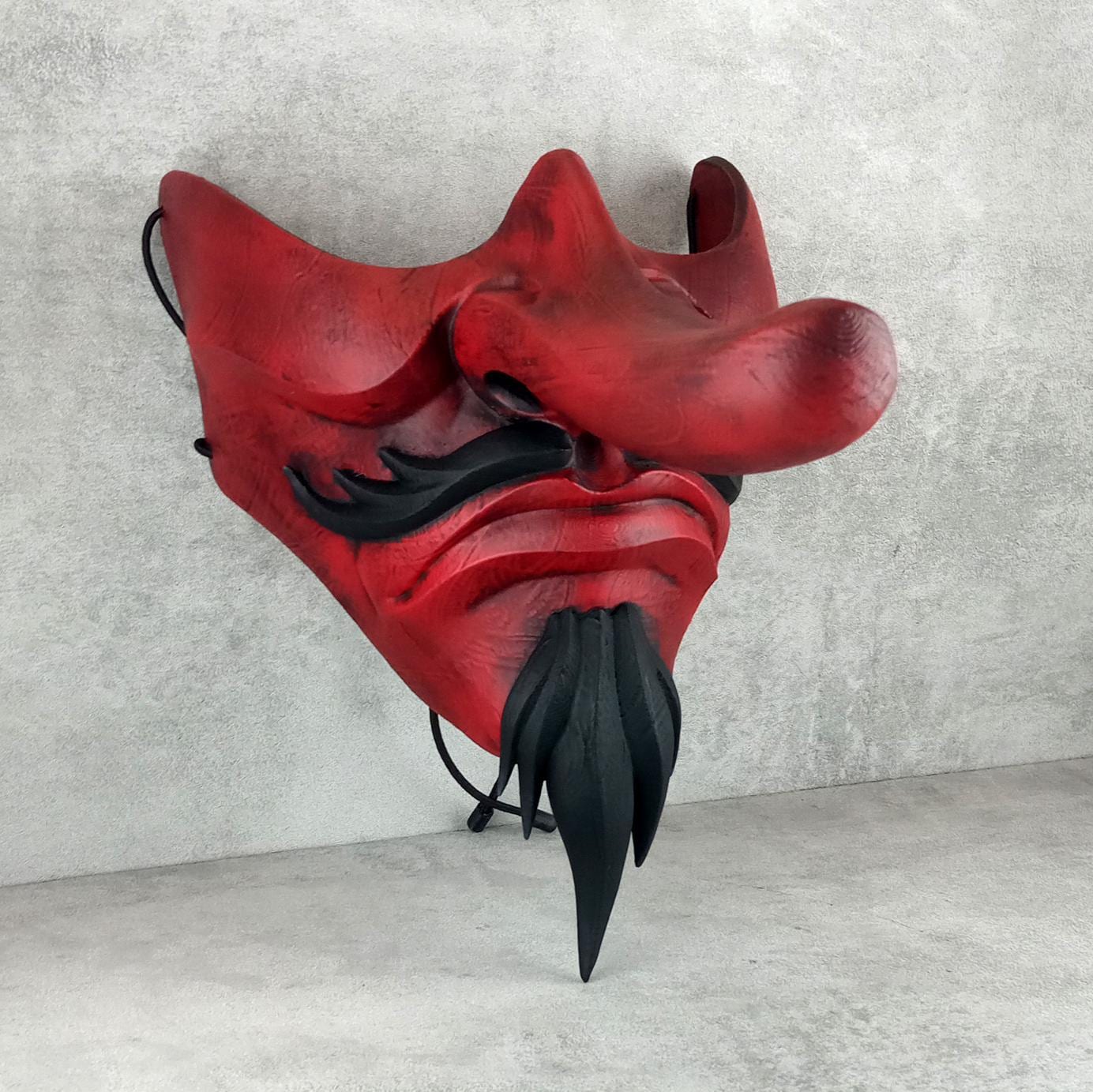 Traditional Japanese Wearable Tengu Half Mask – Red with Black Beard and Mustache