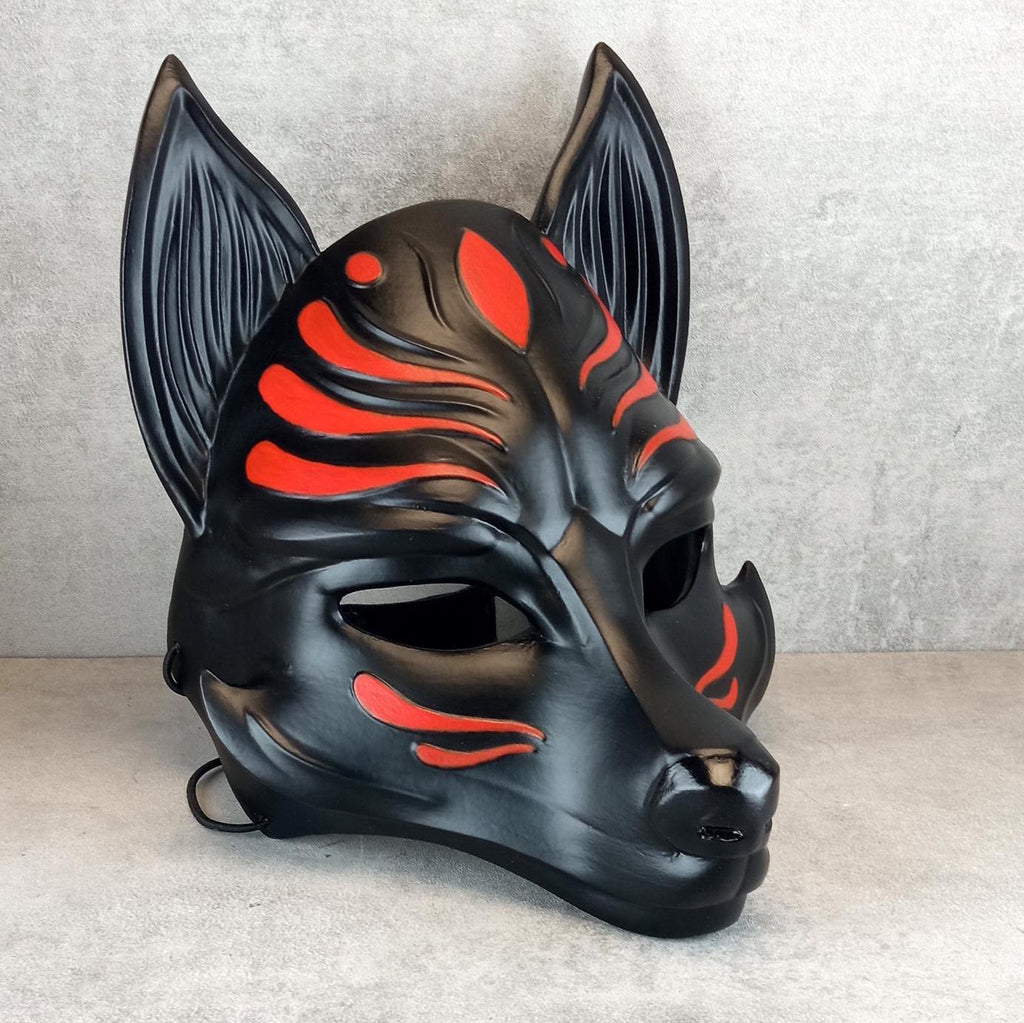 Schwarze Okami-Maske, Schwarze Kitsune-Maske, Traditionelle japanische Maske, Youkai-Maske, Wolfsmaske, Fuchsmaske