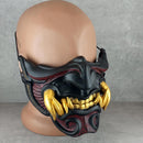 Black and Red Samurai Half Mask with Cracks and 8 Golden Fangs – Wearable Cosplay &amp; Festival Accessory