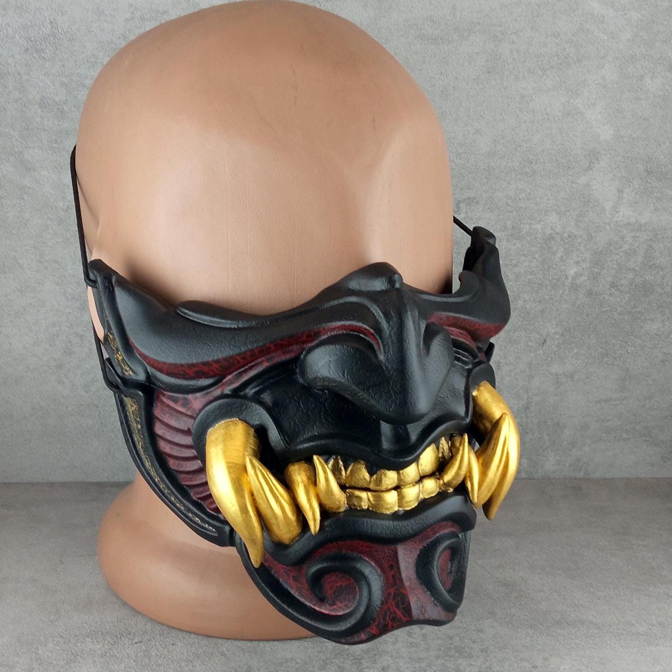 Black and Red Samurai Half Mask with Cracks and 8 Golden Fangs – Wearable Cosplay &amp; Festival Accessory