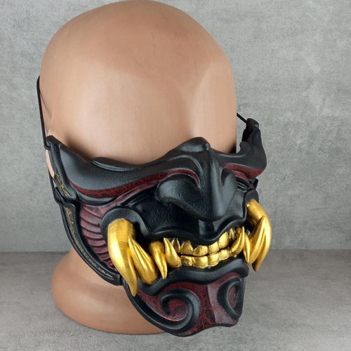 Black and Red Samurai Half Mask with Cracks and 8 Golden Fangs – Wearable Cosplay &amp; Festival Accessory