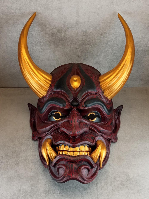 Traditional Japanese Hannya Mask – Cherry Red with Cracks, Large Golden Horns, Fangs & Eyes