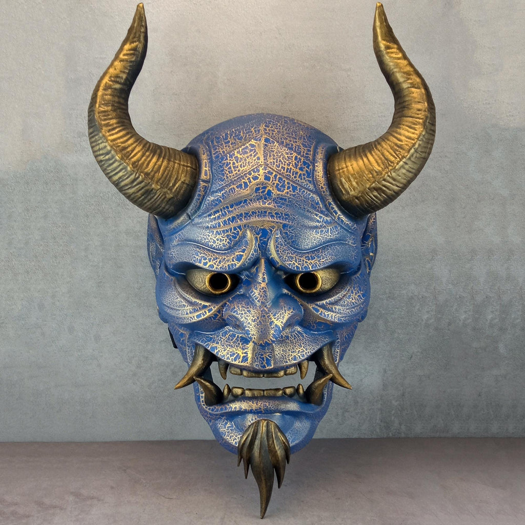 Hannya Mask "River Demon" – Blue with Gold Cracks, Curved Horns & Beard