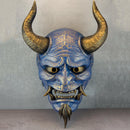 Hannya Mask "River Demon" – Blue with Gold Cracks, Curved Horns & Beard