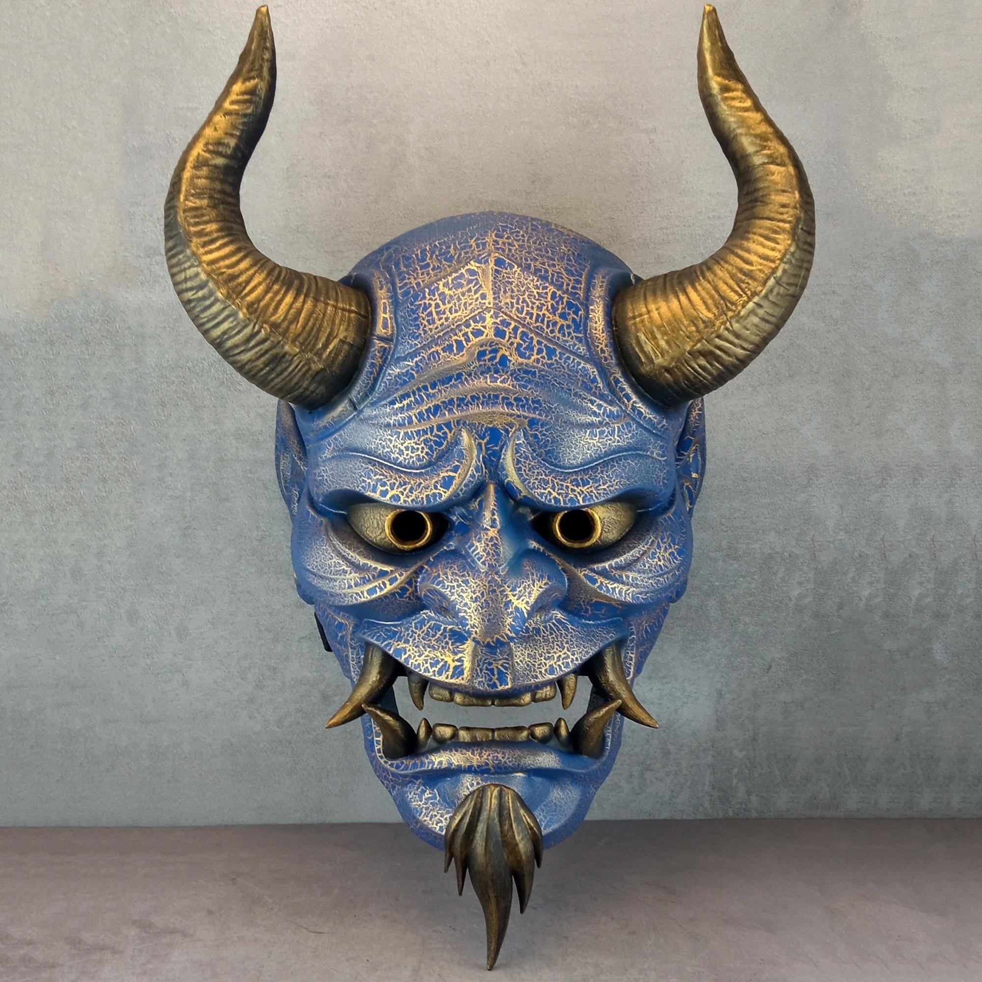 Hannya Mask "River Demon" – Blue with Gold Cracks, Curved Horns & Beard