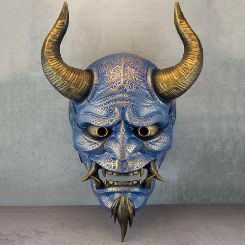 Hannya Mask "River Demon" – Blue with Gold Cracks, Curved Horns & Beard