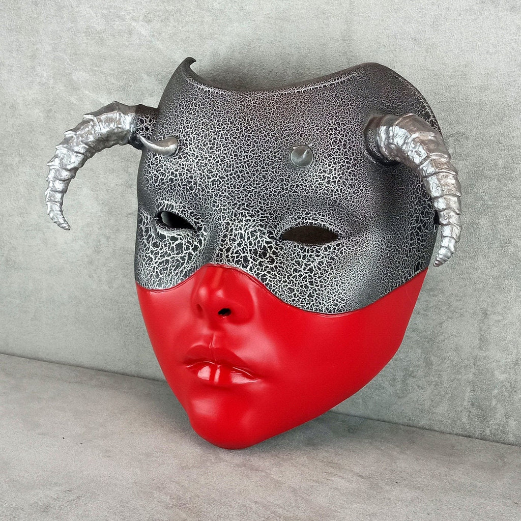 Red and Silver Geisha Witch Mask with Silver Horns