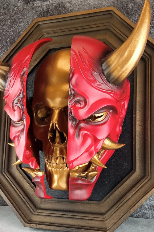3D Wall Art | Octagonal Frame Hannya Mask Cracked in Half | Red Japanese Demon Mask with Gold Horns, Fangs & Skull Inside | Oni Home Decor