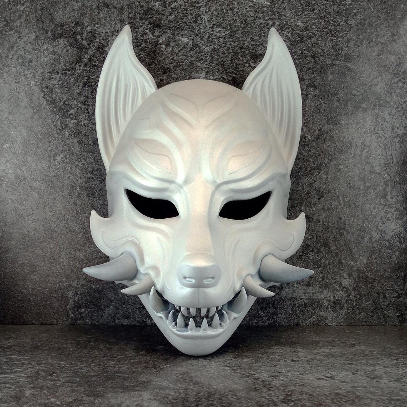 Traditional Japanese Kitsune (Okami) Wearable Mask – Black with Gold Design
