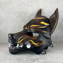 Traditional Japanese Kitsune (Okami) Wearable Mask – Black with Gold Design