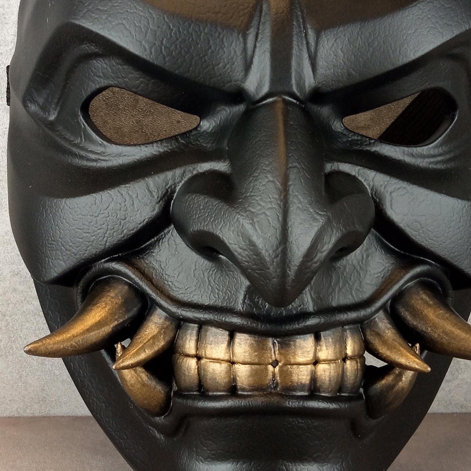 Black Samurai Somen Mask with Bronze Fangs – Japanese Warrior Armor Mask