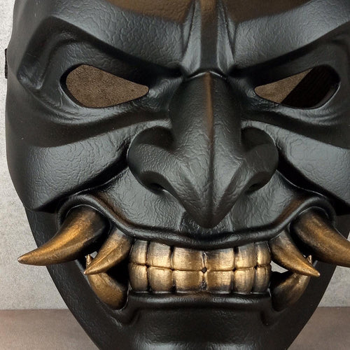 Black Samurai Somen Mask with Bronze Fangs – Japanese Warrior Armor Mask