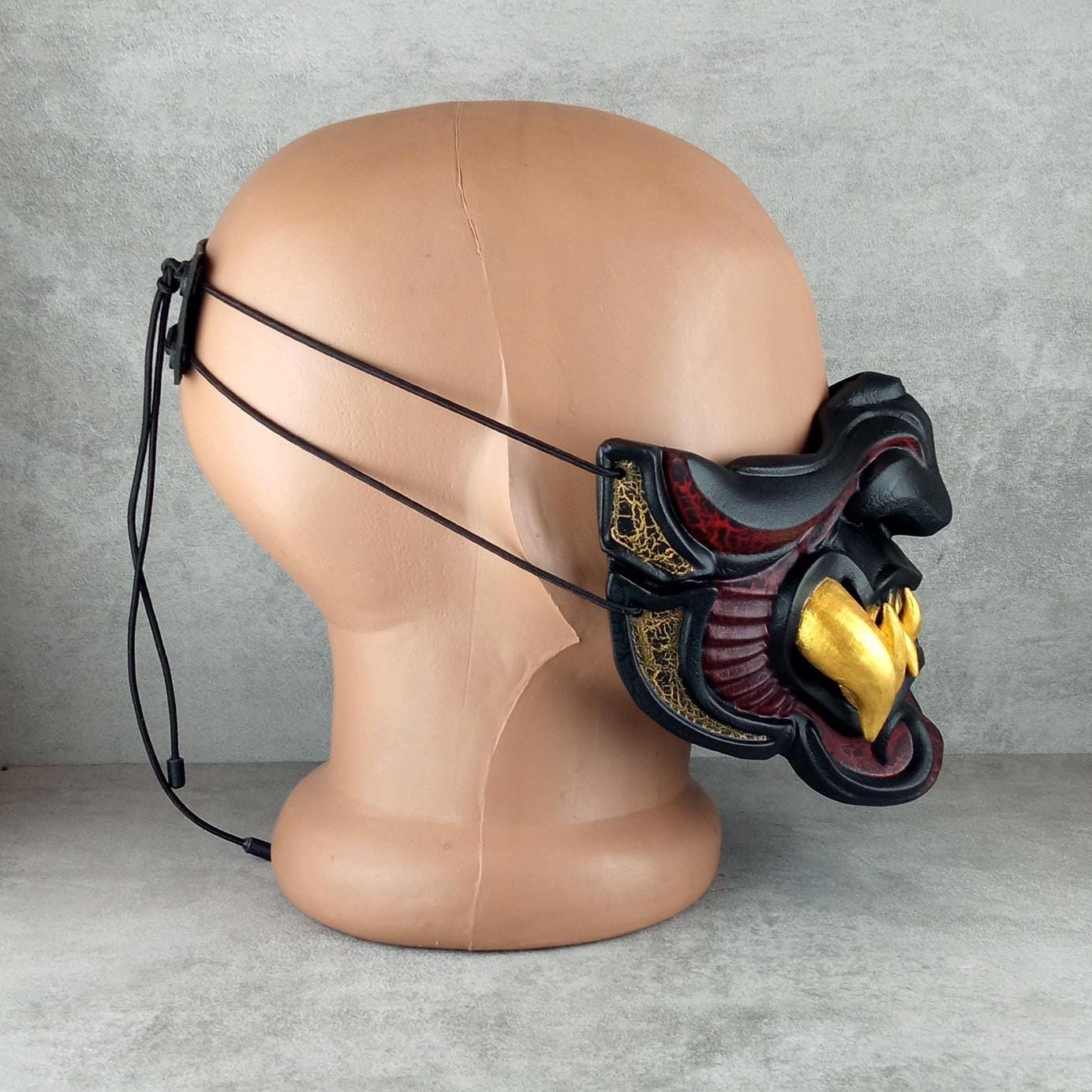Black and Red Samurai Half Mask with Cracks and 8 Golden Fangs – Wearable Cosplay &amp; Festival Accessory