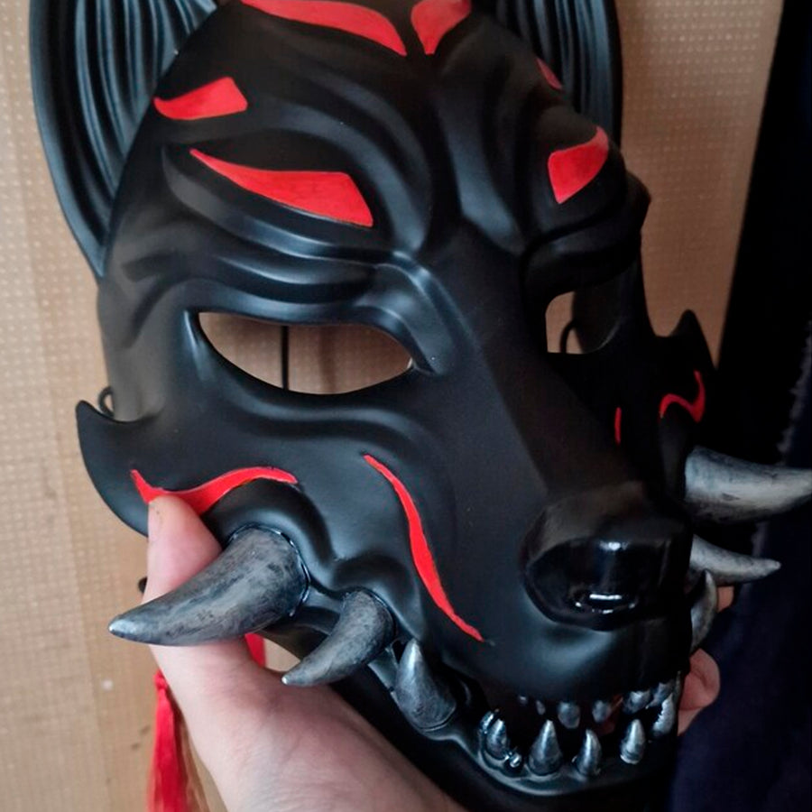Traditional Japanese Kitsune (Okami) Wearable Mask – Black with Red Design