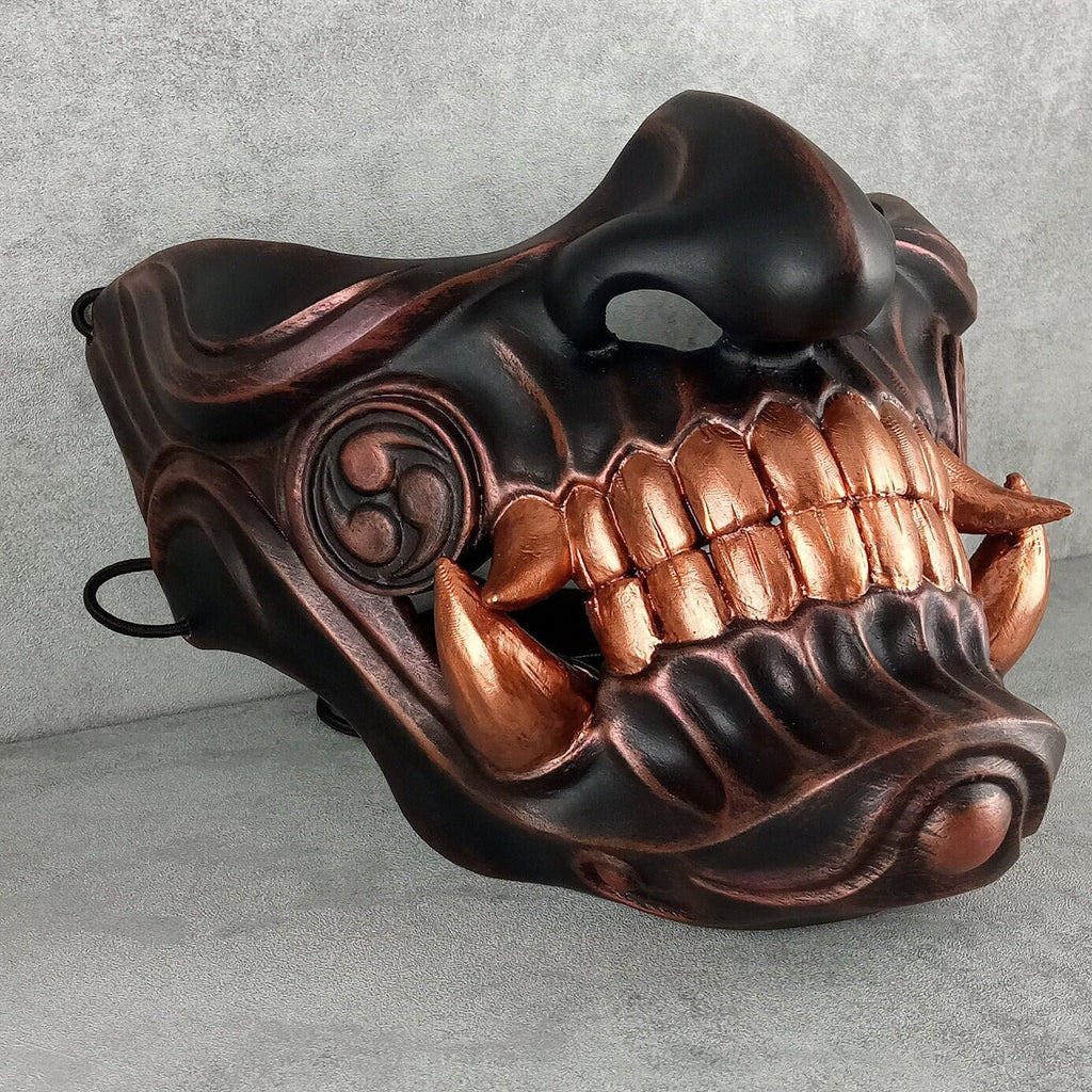 Schwarze und kupferne Samurai-Maske, Traditionelle japanische Hannya-Maske, Tragbare Maske, Kabuki-Dämonenmaske, Oni-Maske, Wanddekoration Oni-Maske mit Seil