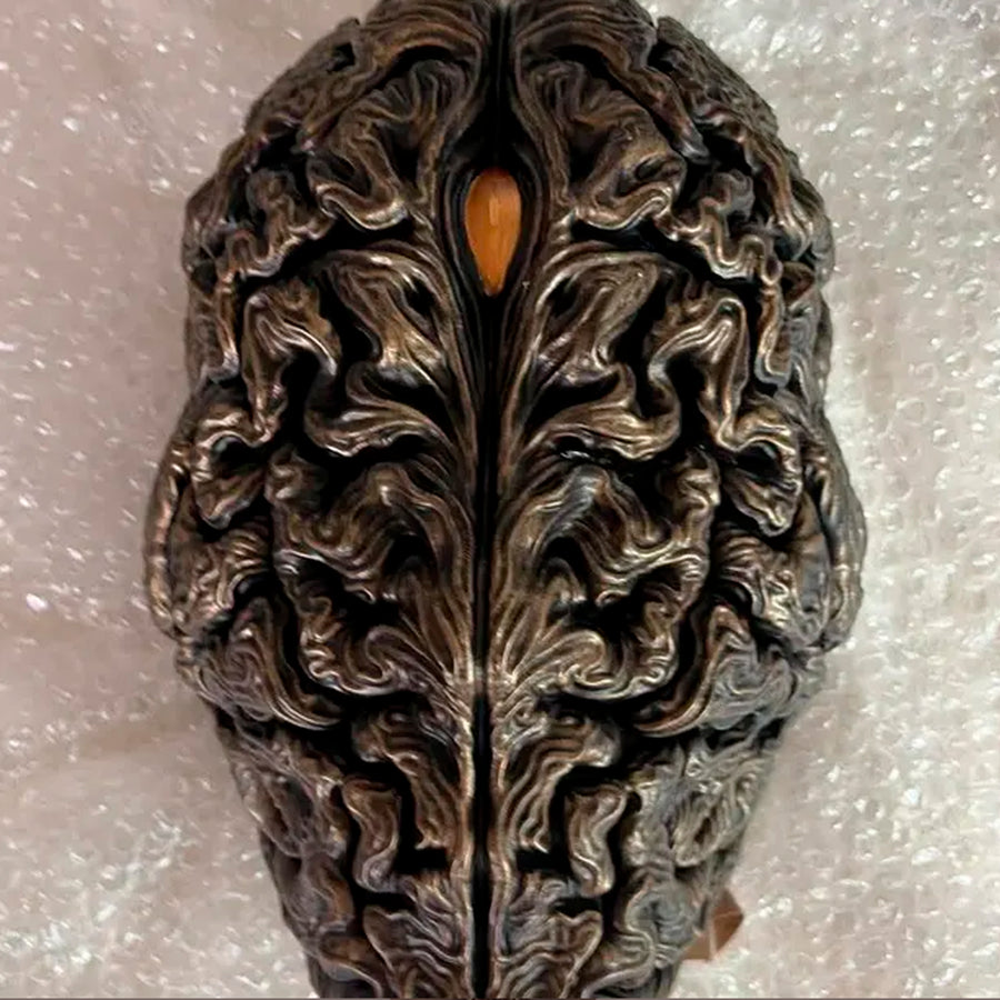 Bronze Brain Mask with Golden Eye – Surreal Anatomical Art Mask for Cosplay & Decor