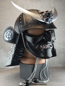 Samurai Kabuto Helmet – Black with Silver Crescent and Oni Tiger Crest | With Half-Mask or Full Somen