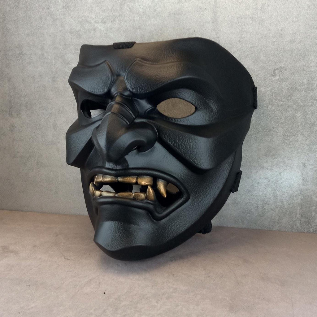 Black Samurai Somen Mask with Bronze Fangs – Handmade Warrior Face Armor