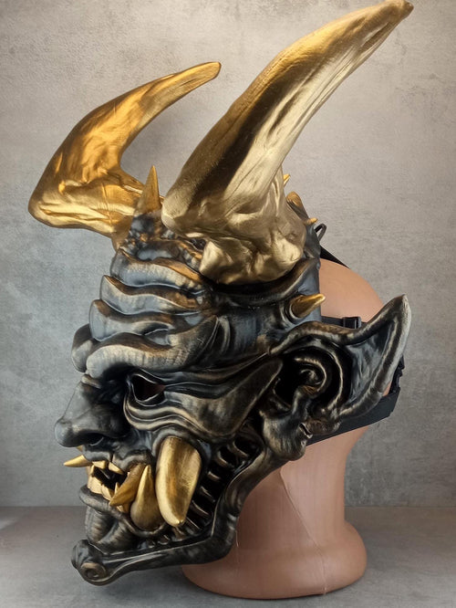 Unique Oni Demon Mask with Large Bronze Horns – Handmade Japanese-Inspired Collectible