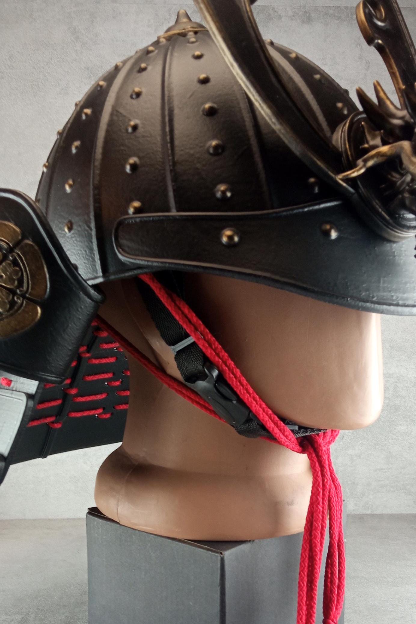 Samurai Kabuto Helmet – Black with Bronze Dragon Crest and Red Cord, with Menpo or Somen Face Mask