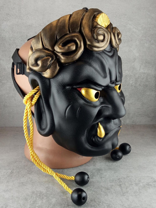 Wearable Traditional Japanese Fudo Demon Mask – Black with Gold Fangs