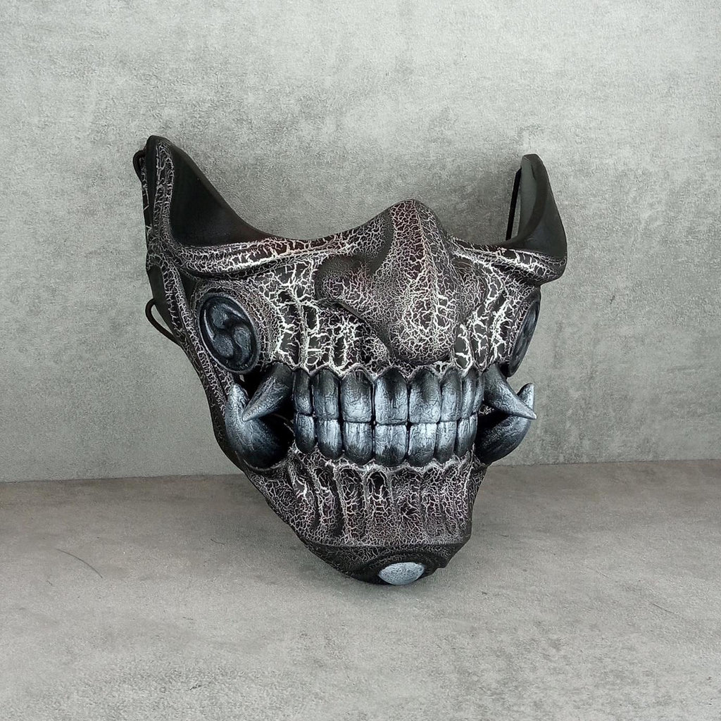 Silver-Black Samurai Half Mask with Cracks and Silver Fangs