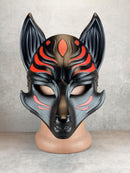 Schwarze Okami-Maske, Schwarze Kitsune-Maske, Traditionelle japanische Maske, Youkai-Maske, Wolfsmaske, Fuchsmaske