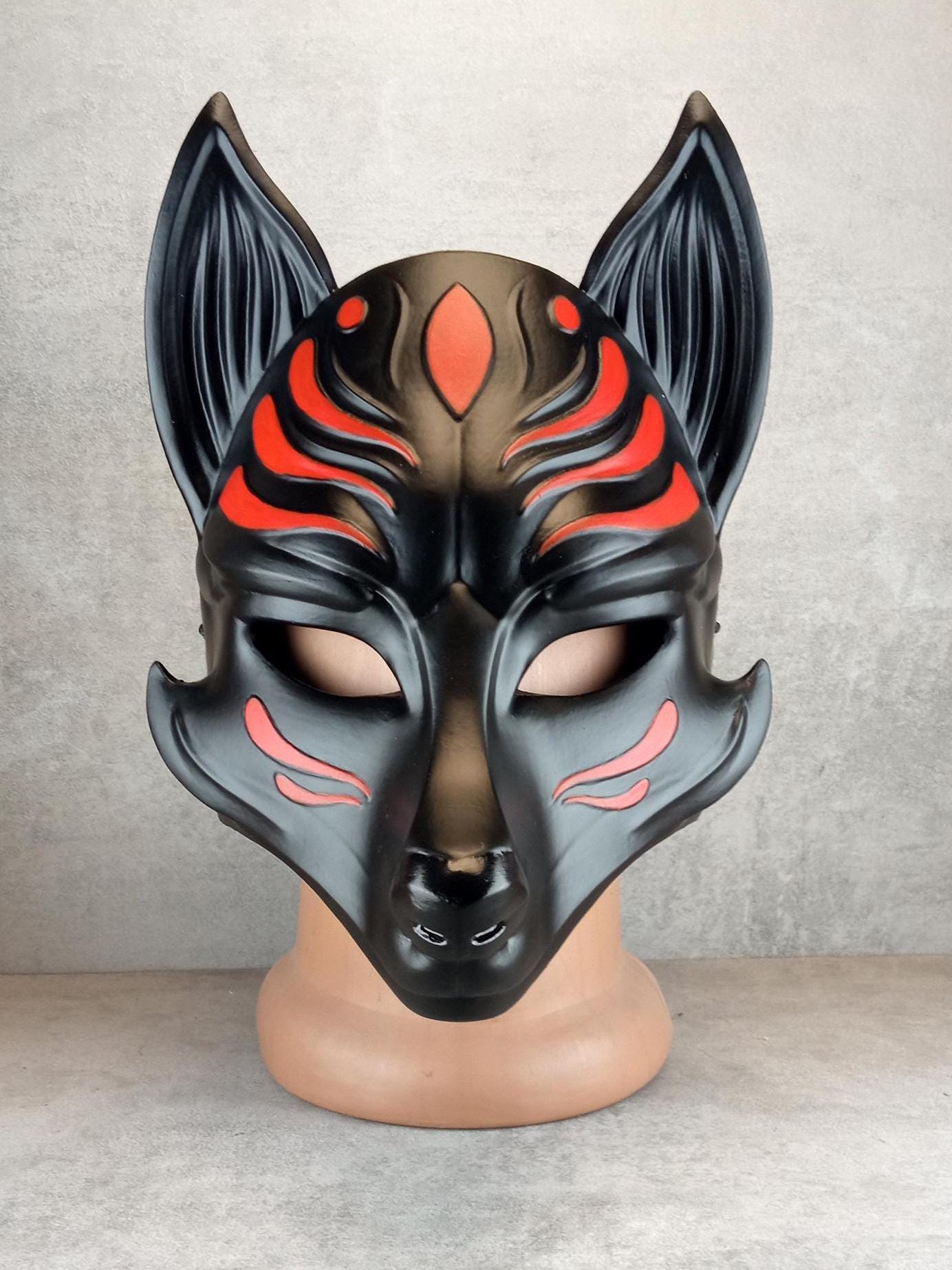 Schwarze Okami-Maske, Schwarze Kitsune-Maske, Traditionelle japanische Maske, Youkai-Maske, Wolfsmaske, Fuchsmaske
